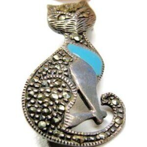 Cat Enamel Marcasite Cluster Heavy Patina Vintage Brooch Sterling Silver 925
